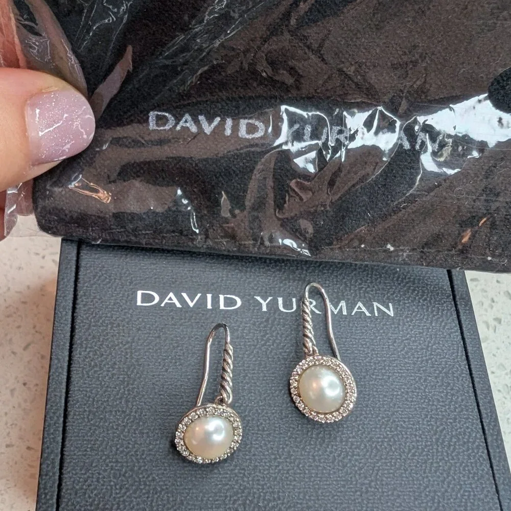 David Yurman Pearl and Pave Diamond Sterling Silver Cable Drop Earrings - RARE - Picture 4 of 7